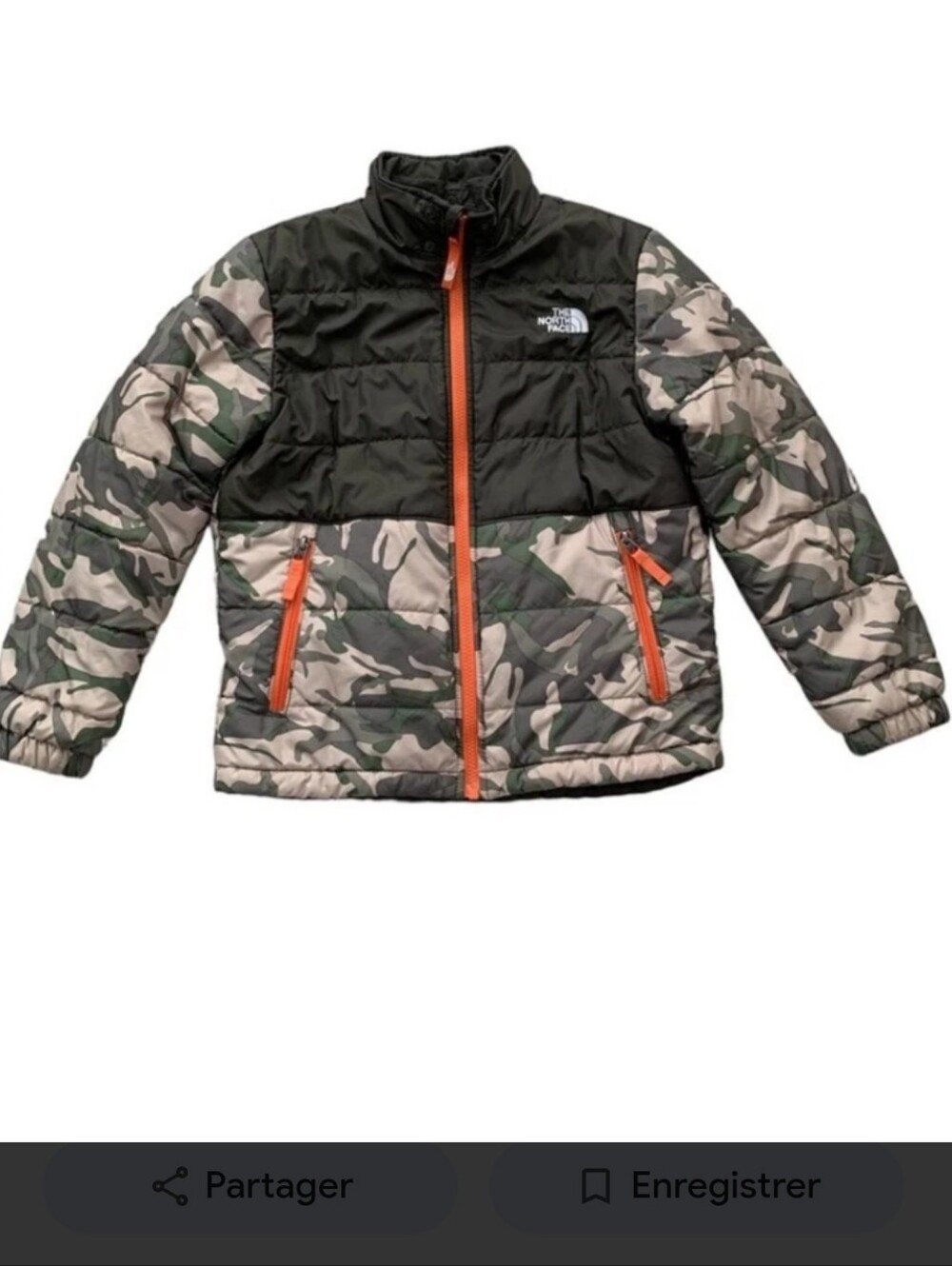 The North Face Kids Camo Reversible Puffer Jacket with Orange Zippers Sz 12-14 Y
